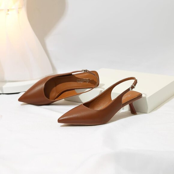 Mostrin Kitten Heels  Brown Pu Faux Leather Low Slingback Heels with Buckle - Picture 5 of 9